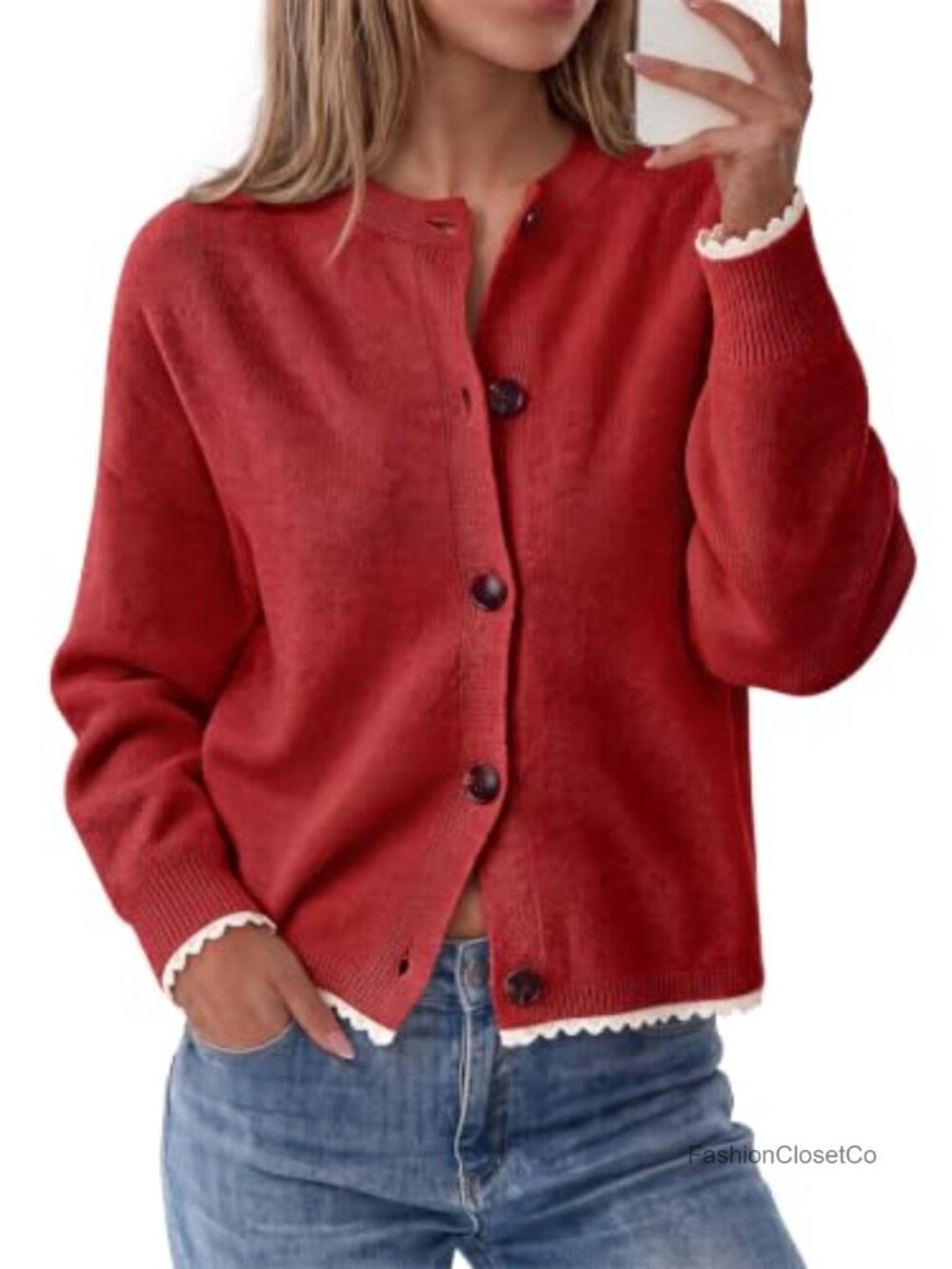 Womens Lace Trim Button Down Knit Cardigan Sweater with Removable Scarf